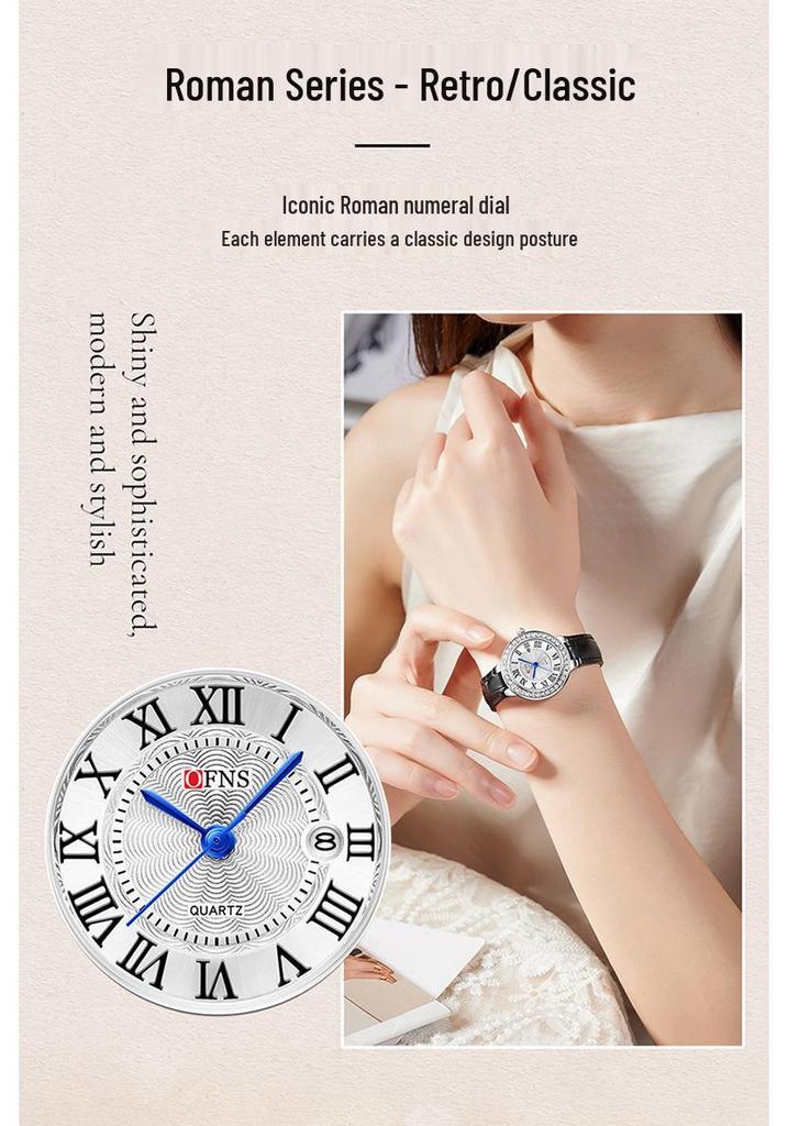OFNS Women's Luxury Watch: Round Diamond-Inlaid, Versatile Ins Style, Calendar, 30M Waterproof