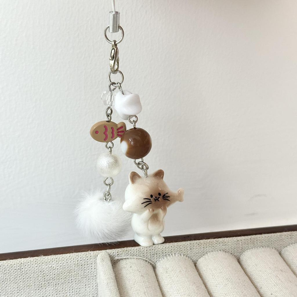 Japanese & Korean Cute Cat Keychain with Heart Pompon & Beaded Phone Strap Pendant