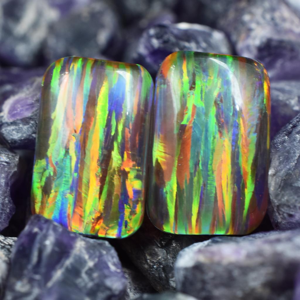 Lab-Created Opal Loose Gemstone Multicolor Cushion Shape 22.80 ct Pair October Birthday Birthstone