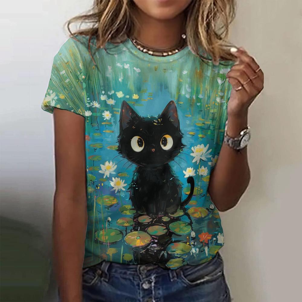 

Животные Одежда для женщин Футболка женская Kawaii Cat Printed Short Sleeve Футболки Круглый вырез Hundred Streetwear Топы Повседневный стиль 8XL