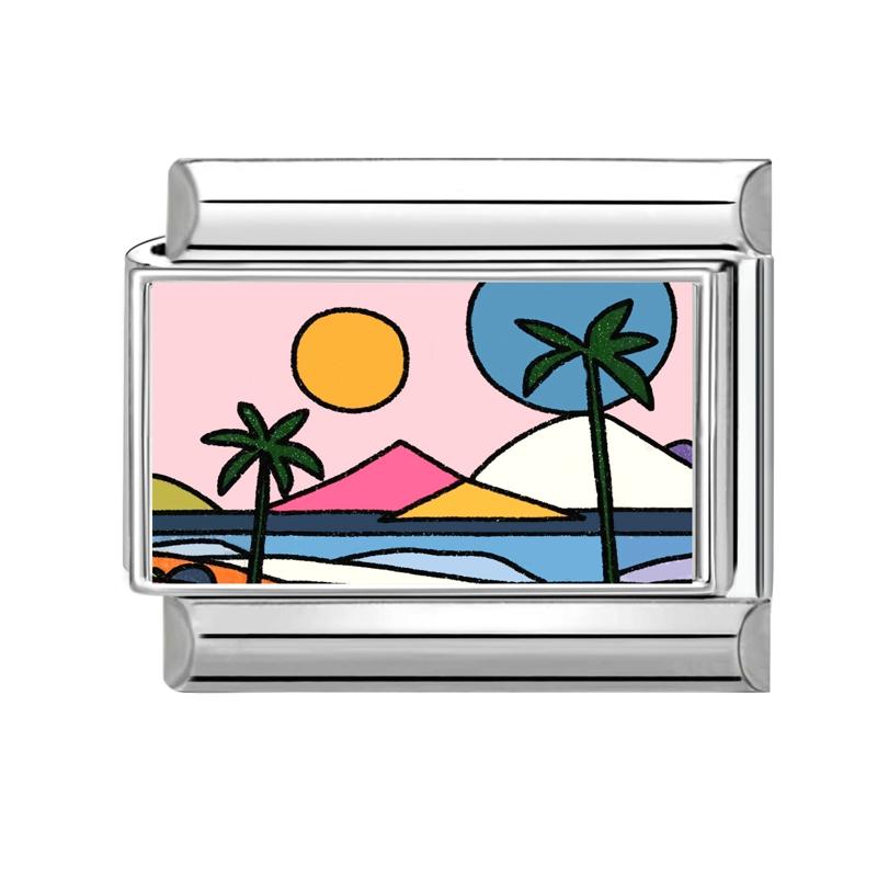 New Brilliant Sunrise Sunset Beach Coconut Trees Scenery Italian Charm Links Fit 9MM Stainless Steel Bracelet DIY Making Gift