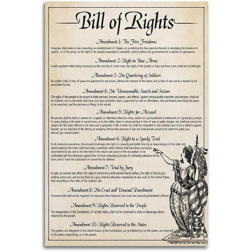 Vintage Poster The U.S. Constitution The Bill of Rights US History Government Classroom School Poste Painting Canvas Wall Posters Art Picture Print 18L  x 12W