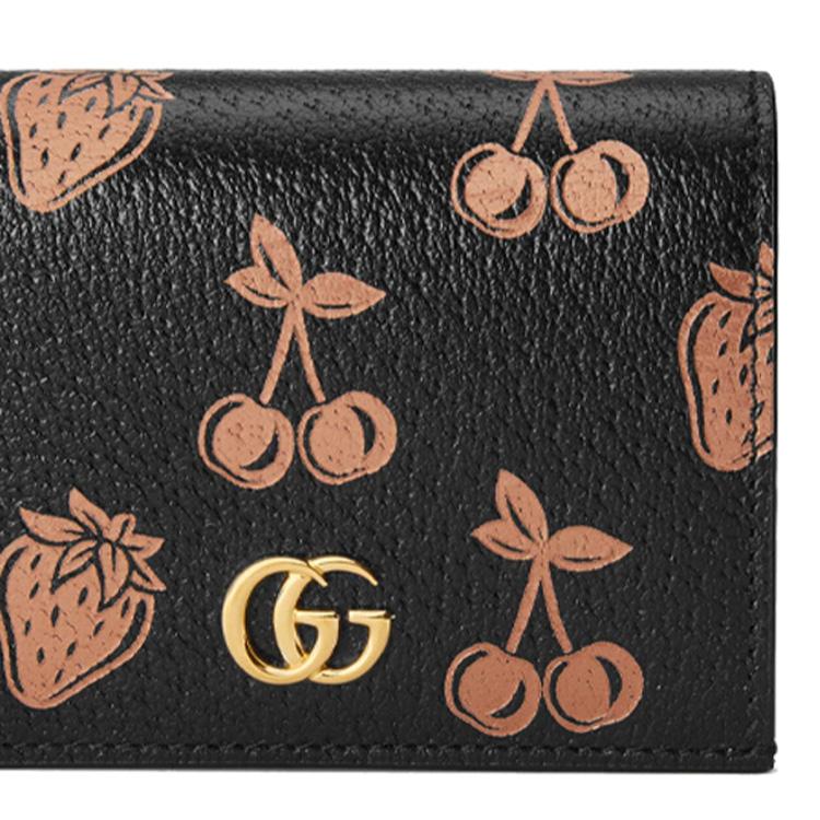 Gucci GG Marmont Series Marmont Gold Logo Berry Print Double Fold Leather Card Holder Wallet Women wallet Black 456126-1T5ZG-1170
