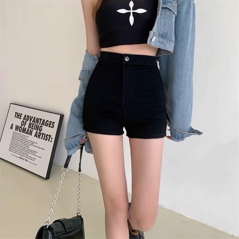 Black Denim High Waist Shorts With Button Detail For Summer Casual Women