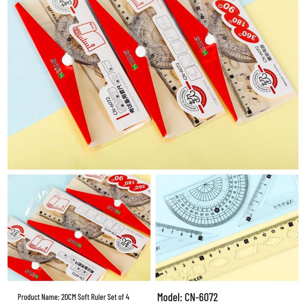 Foldable & Bendable Ruler Set - 4 Pieces, 20cm Student Stationery with Triangle and Creative Wave Ruler
