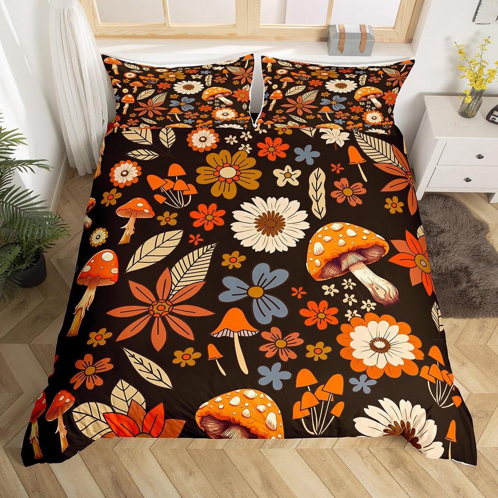 Bettdecke Retro Blumen Aquarell Gelb Floral Grüne Blätter Pflanze Bettdecke Und 2 K Bunter Stil Bettwäsche-Set
