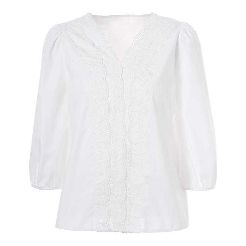 Betu Women s Spring V-Neck French Lace Trim Seven-Sleeve Shirt XS