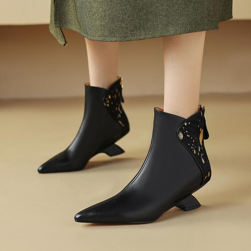 Fashion NEW Autumn Women Boots Pointed Toe Kitten Heel Shoes Genuine Leather Shoes for Women Splicing Ankle Boots Elegent Zipper Boots