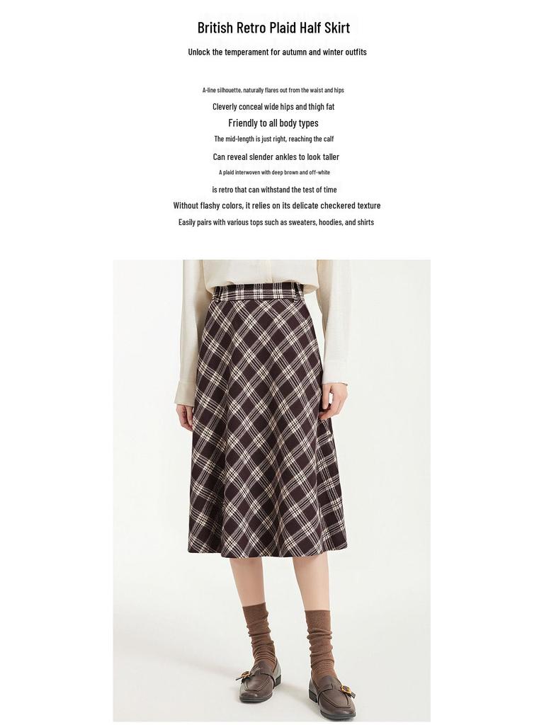 Woolen Plaid A-Line Skirt: Autumn/Winter 2025 High-Waist, Slimming, Hip-Covering Mid-Length for Women