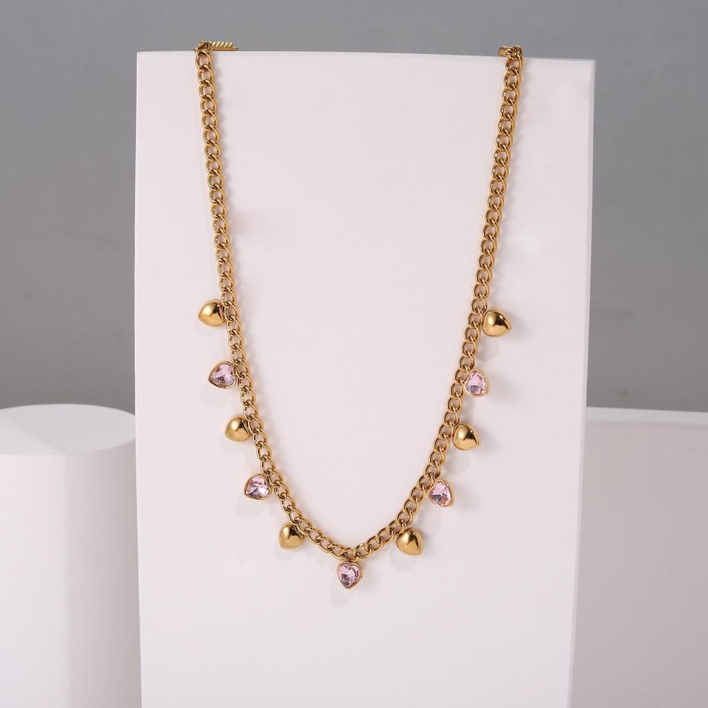 18K Gold Plated Colorful Heart Rhinestone Necklace - European & American Trend, Stainless Steel, Women's Light Luxury Fashion Accessory.