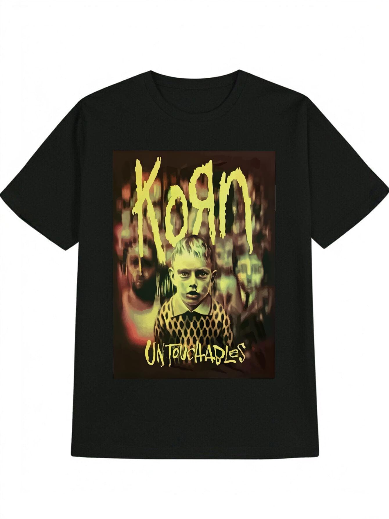 Casual Crew Neck T-shirt with Korn  Untouchables  Graphic Print - Black XXL