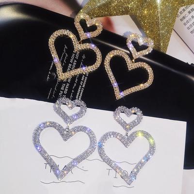 European and American Fashion Exaggerated Diamond S925 Silver Needle Double Love Earrings Temperament Wild Long Peach Heart Earrings Earrings