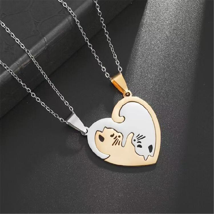 Unique Matching Kitten Necklace Titanium Steel Couple Jewelry with Secure Clasp 3.2cm Pendant Size for Daily Wear Gifting