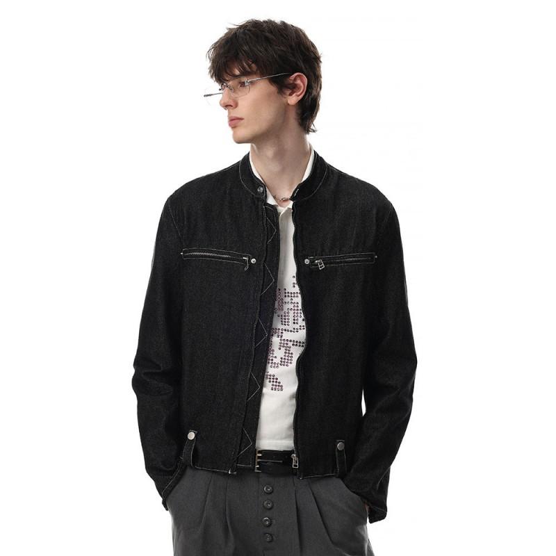 Mens Slim Fit Denim Jacket Stand Collar Long Sleeve Casual Outerwear