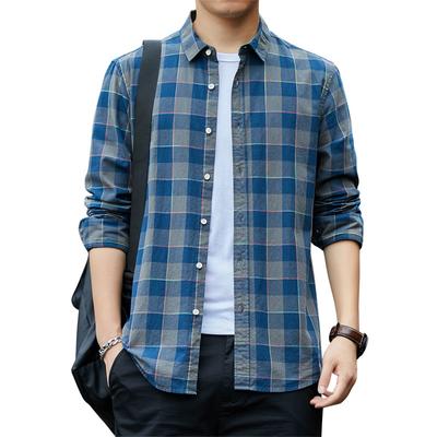 Men's Long Sleeved Checkered Shirt Casual Loose Pure Cotton Shirt