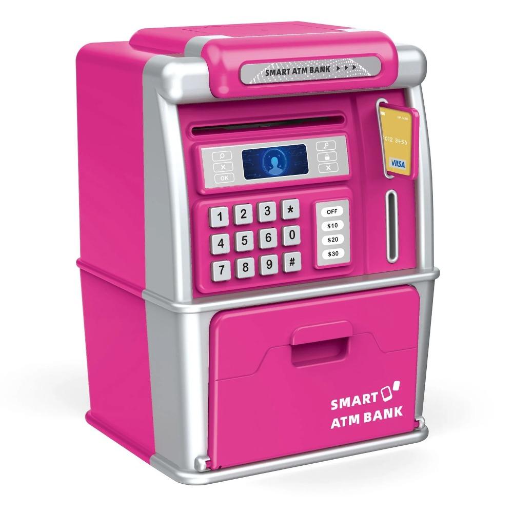 Cajero Electrónico ATM Máquina de Depósito Juguete para Niños Protección con Contraseña Tarjeta de Crédito Banco de Monedas Automático para Niños Caja de Ahorro