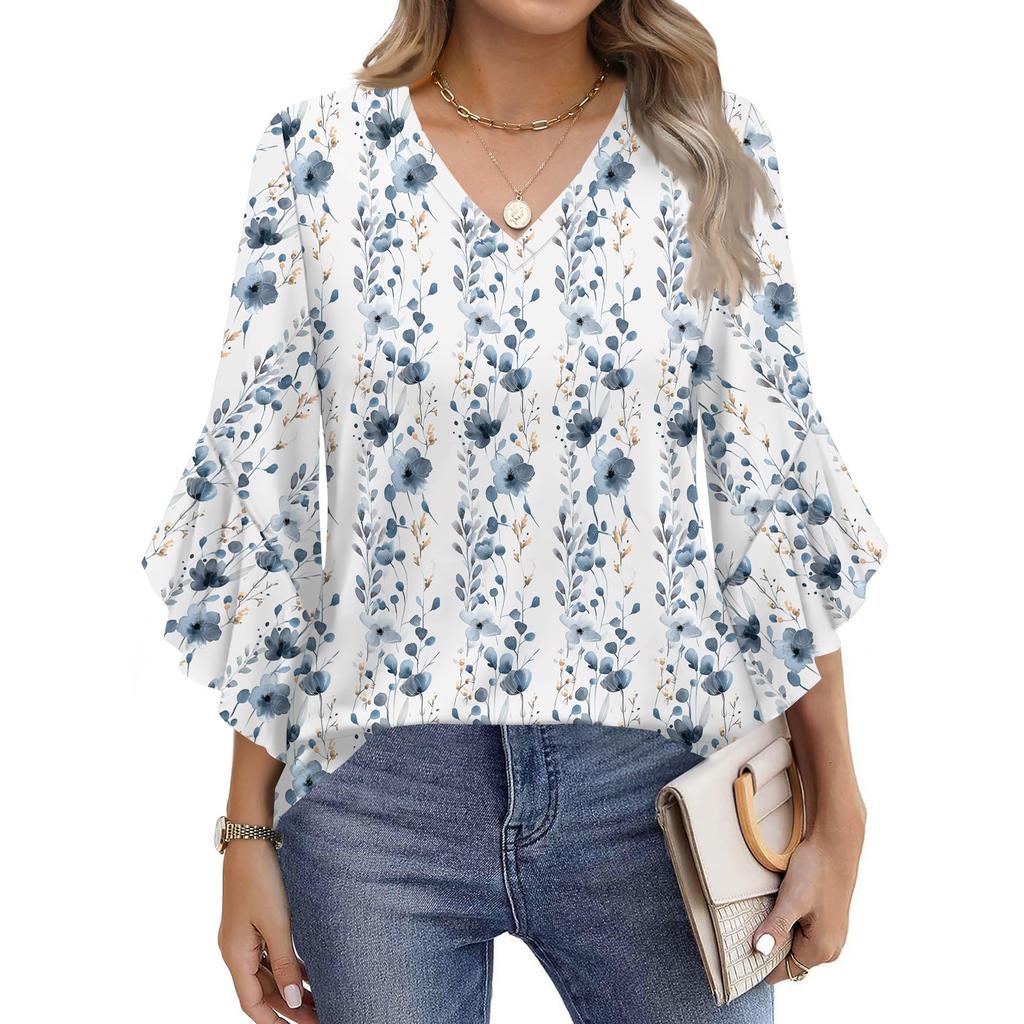 Blouses For Women Dressy Casual 3/4 Length Sleeve Womens Tops V Neck Tshirts Shirts With Flared Sleeve