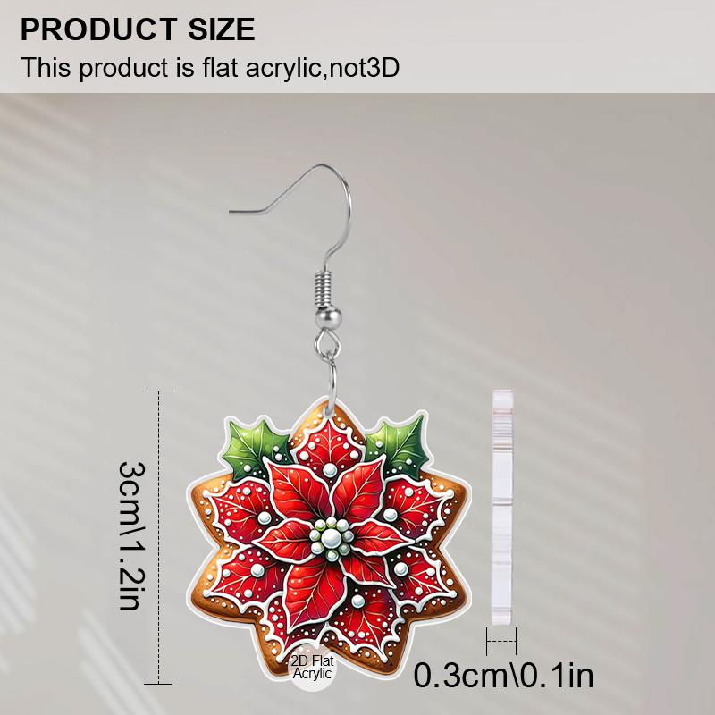 2D Flat Christmas Cartoon Red Flowers Pattern Earrings Jewelry Gift for Women Female