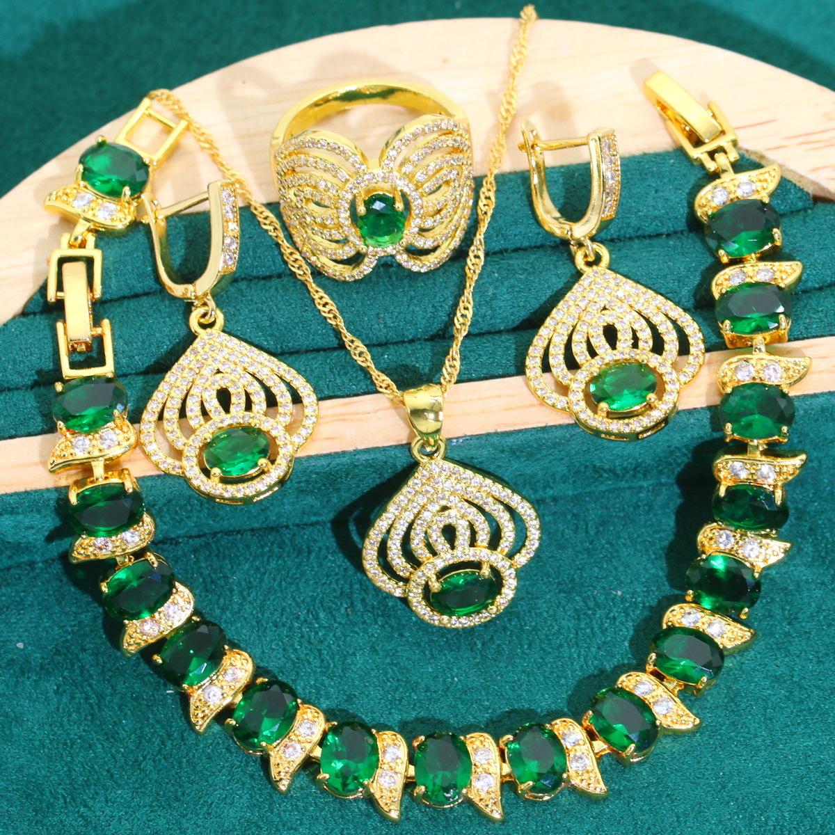 

Европейская и североамериканская мода Классика Цирконий Ожерелье Серьги Браслет Кольцо Комплект Изумруд 10 yards