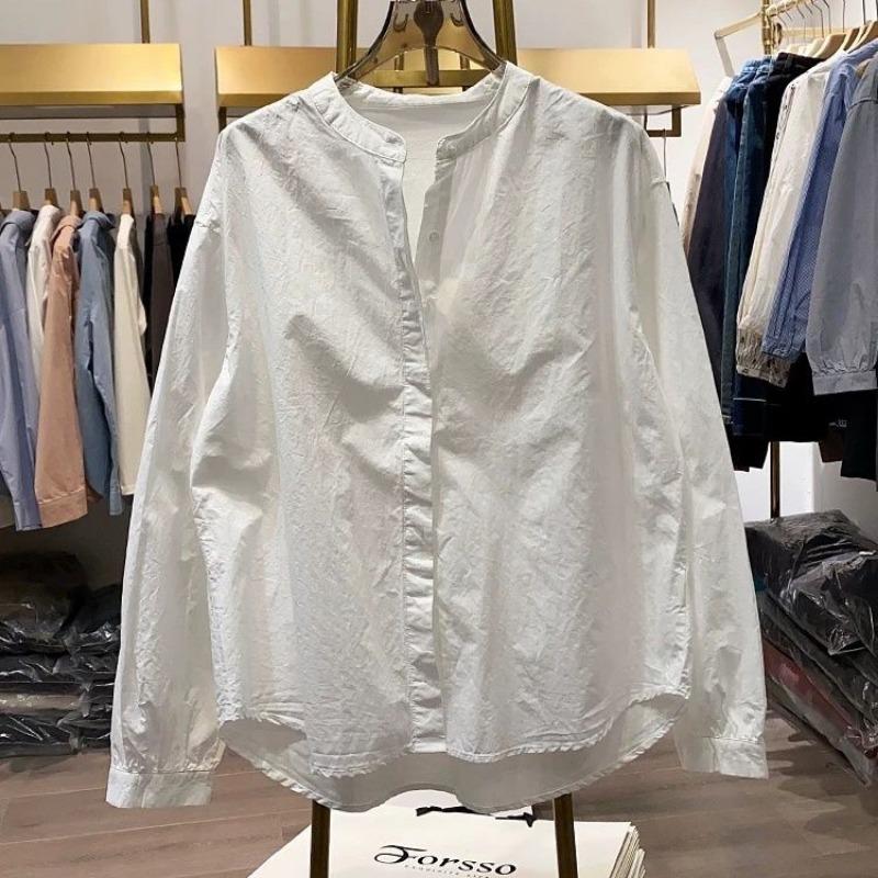 

Women s White Mandarin Collar Blouse Oversized Casual Long Sleeve Shirt Cardigan S білий