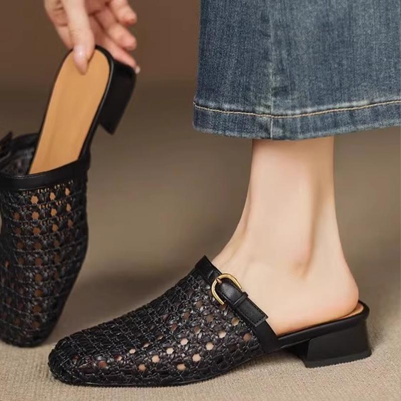 Fashion Square Toe Block Heel Slippers Women's Wrapped Toe Shallow Mouth Woven Flip Flops with Metal Buckle Soft Slip
