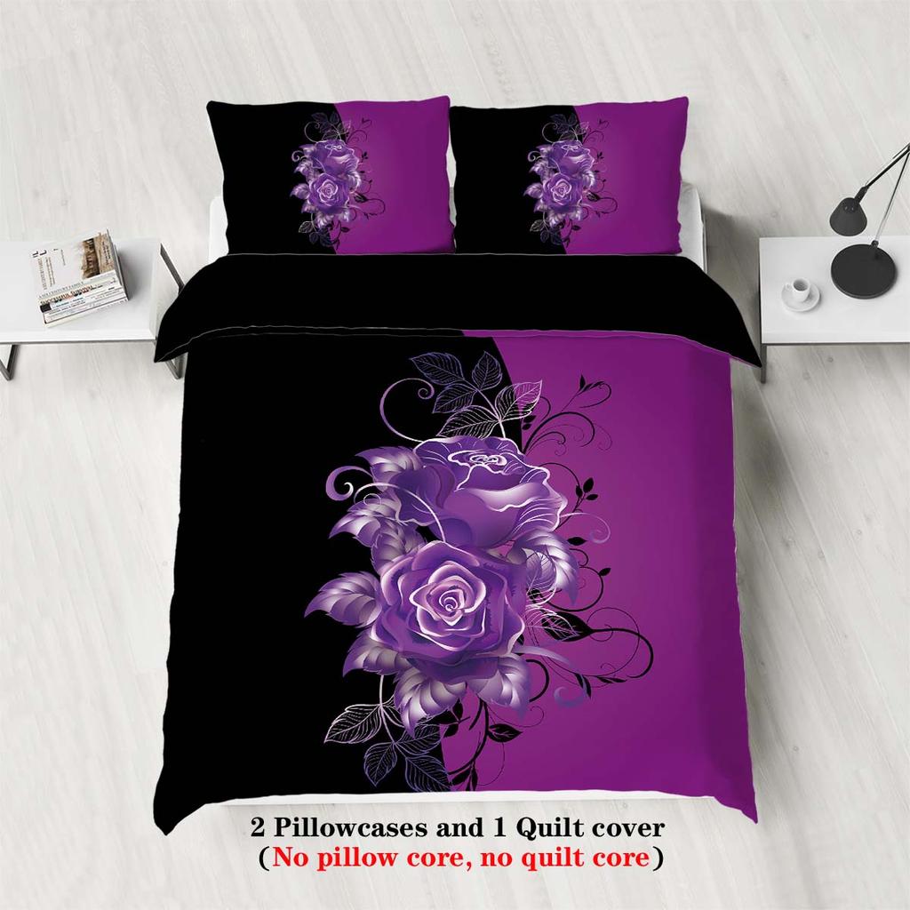 3-teiliges Bettwäscheset mit lila Rosenmusterdruck, 1 Bettbezug + 2 Kissenbezüge, Queen-Bett, geeignet für Frauen- und Erwachsenenschlafzimmer
