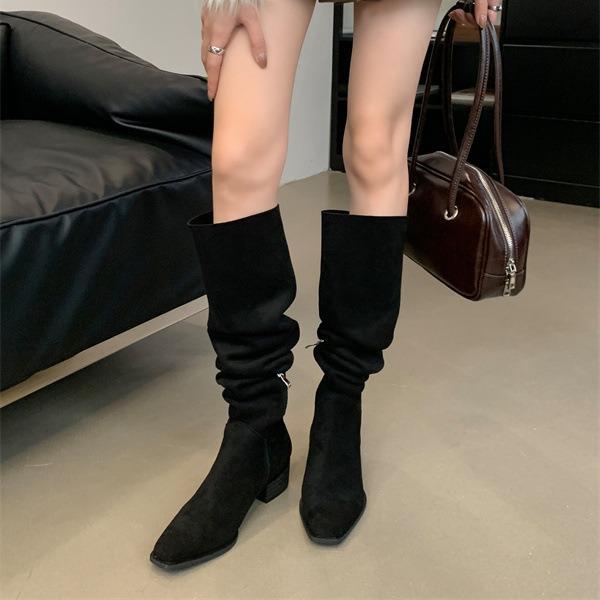 2025 Autumn and Winter New Square Head Thick Heel Simple Versatile Zipper High Boots