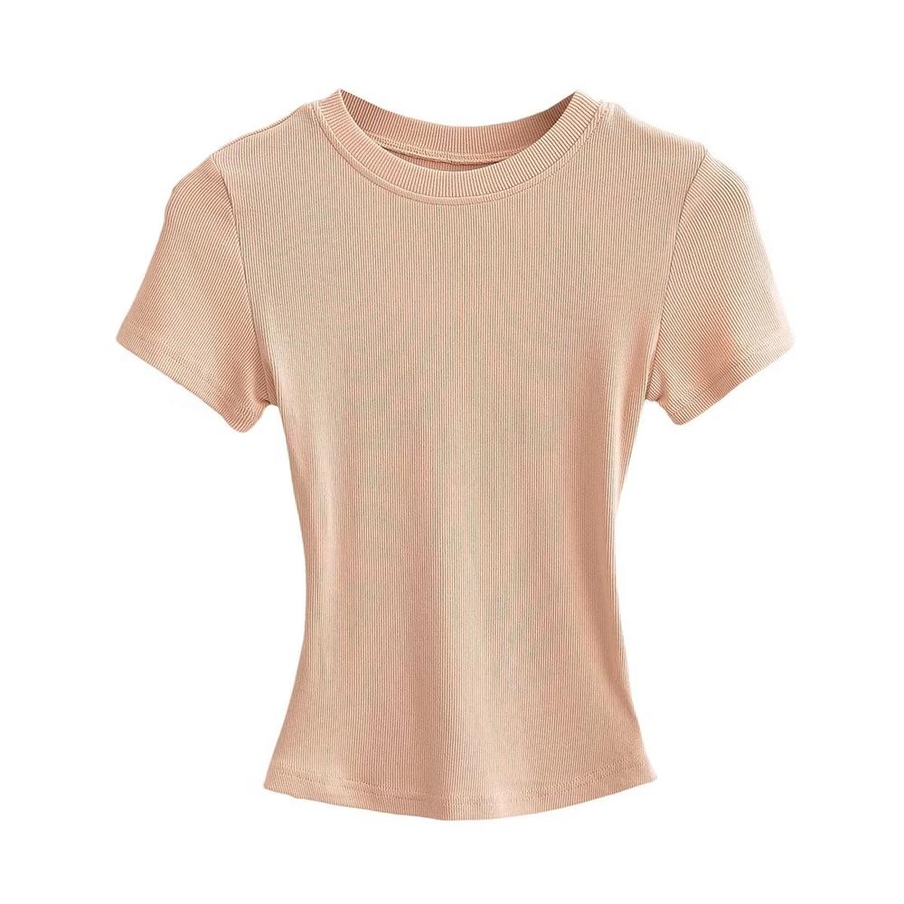 Trendy Women's Ribbed Slim Fit Short Sleeve T-Shirt with Sexy Round Neck and Straight Shoulders.