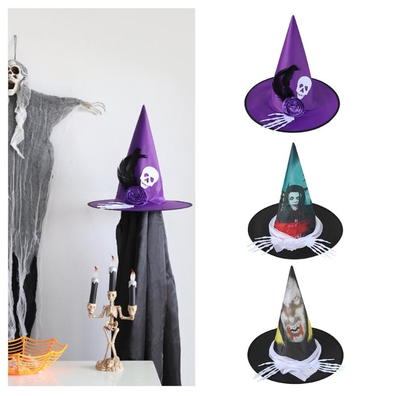 Halloween Witch Caps for Adult Unisex Veil Spiders Wizard Hat Roleplaying Pointed Hat Theme Party Family Gathering Hat