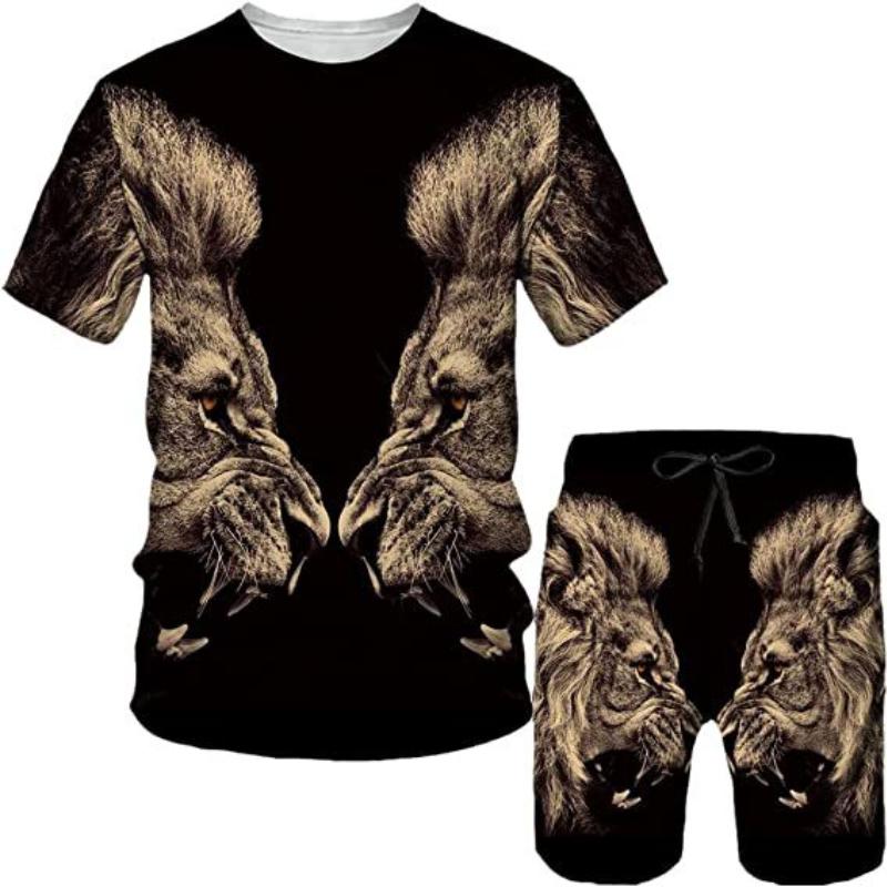 Plus rozmiar 3D nadruk lwa męska fajna koszulka z krótkim rękawem zestaw do fitnessu sportowego letni styl uliczny ponadgabarytowych graficznych 2 szt. Odzież męska