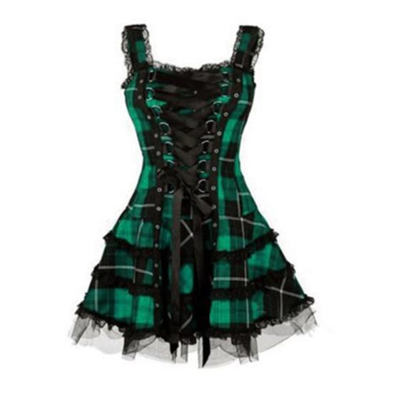 Steampunk Plaid Mini Dress for Women Lace Up Sleeveless A-Line Dress Medieval Renaissance Corset Lace