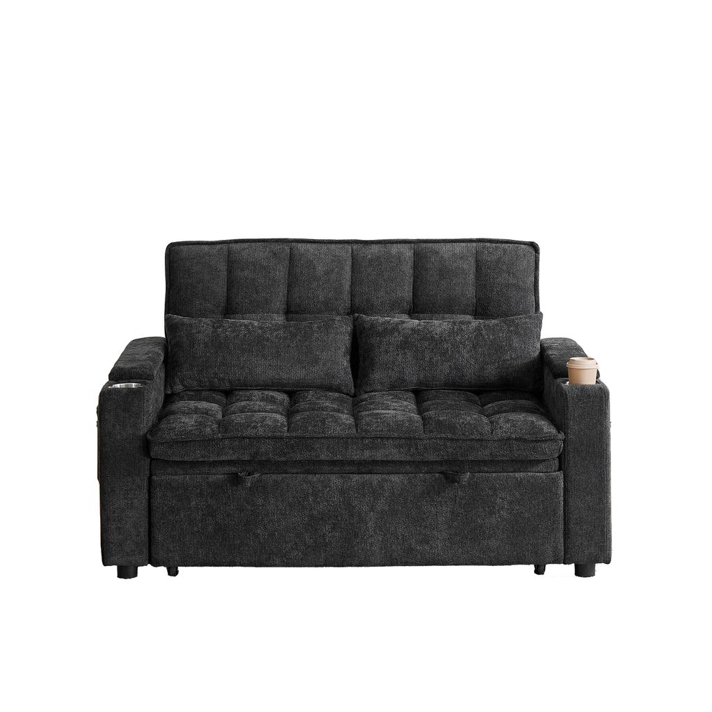 A 142 cm wide 3-in-1 sofa bed with reclining function, seat and back cushions soft as clouds, two lumbar cushions, a shelf and a cup holder