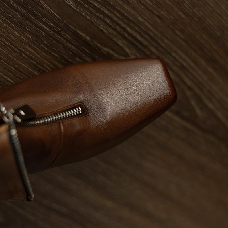 Fashion Women's New Autumn and Winter Square Toe Leather Cowhide Zipper Low Heel Plus Size and Calf Retro Fashion Short Boots