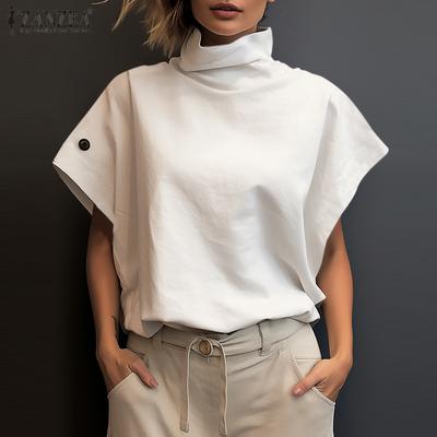 Women Casual Turtleneck Solid Color Short Sleeve Blouse