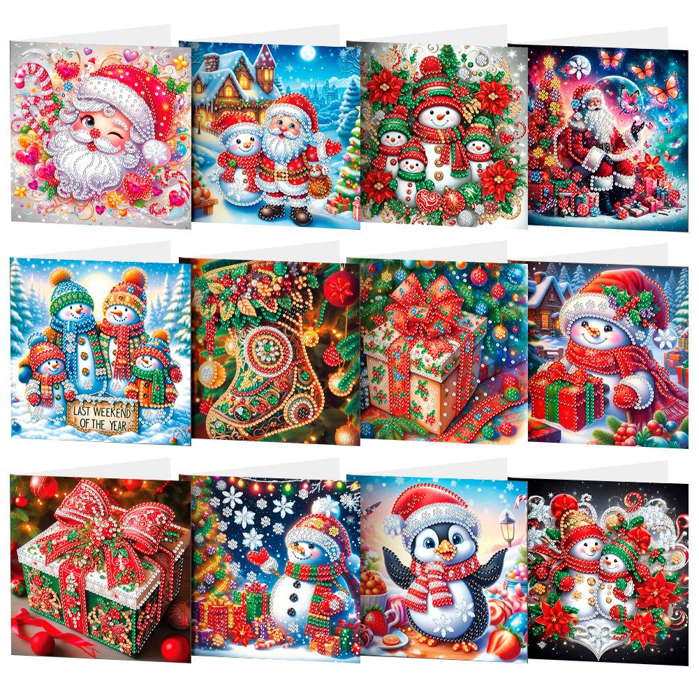 12pcs DIY Rhinestone Diamond Art Mosaic Postcards Xmas Pattern Diamond Art Handmade Cards Thank You Cards and Holiday Blessings