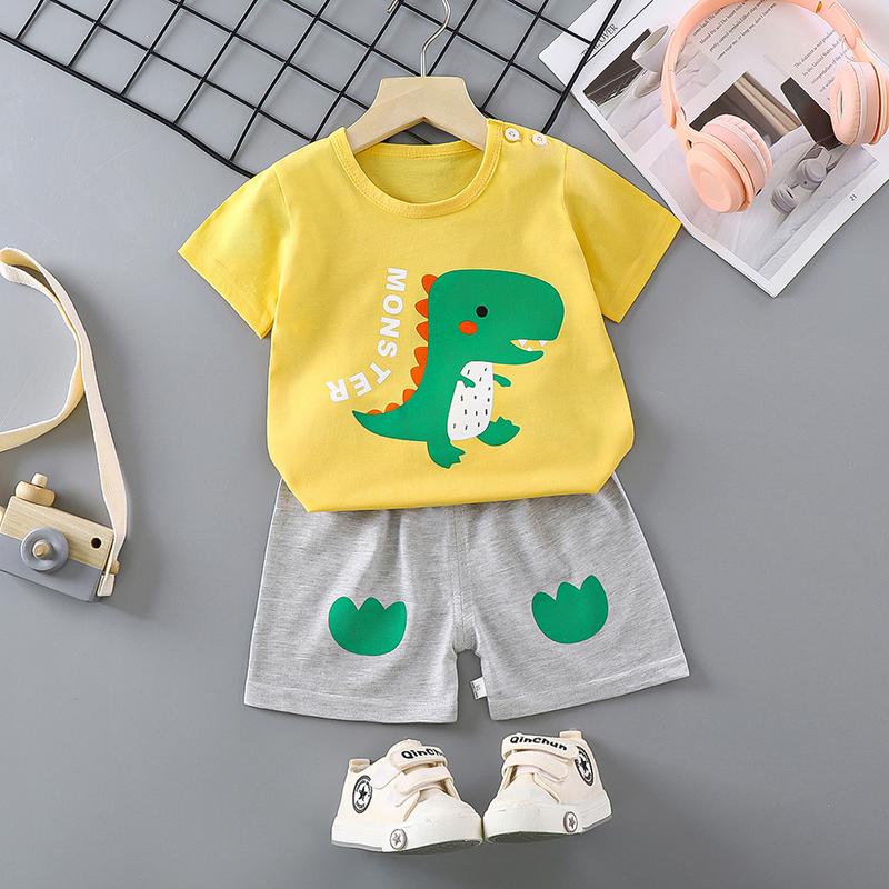 Set de pantaloni de tricou cu mânecă scurtă pentru copii de vară, cu mânecă scurtă, 2 bucăți, largi, din bumbac, ținută de desene animate