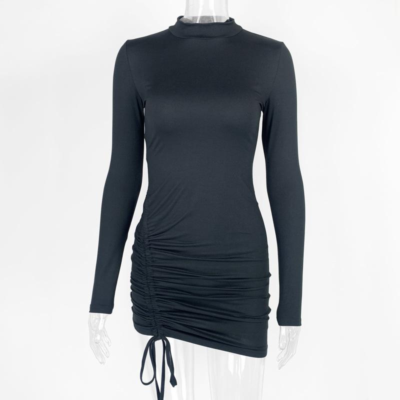 Long Sleeve Ruched Bodycon Dress Women Turtleneck Bandage Mini Dresses Autumn Black Skinny Stretchy Party Dress