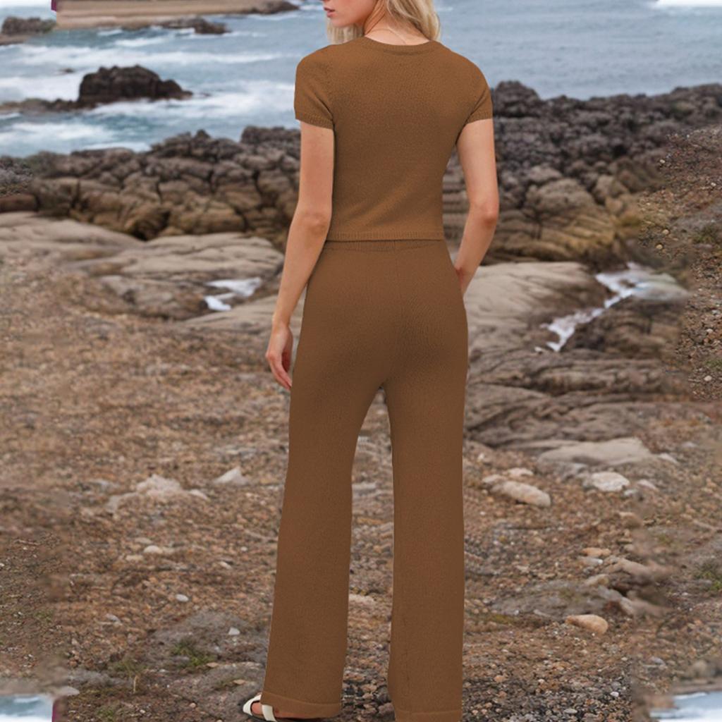 Women's Fashion Vacation Beach Round Neck Casual Loose Short Sleeve Pants Suit