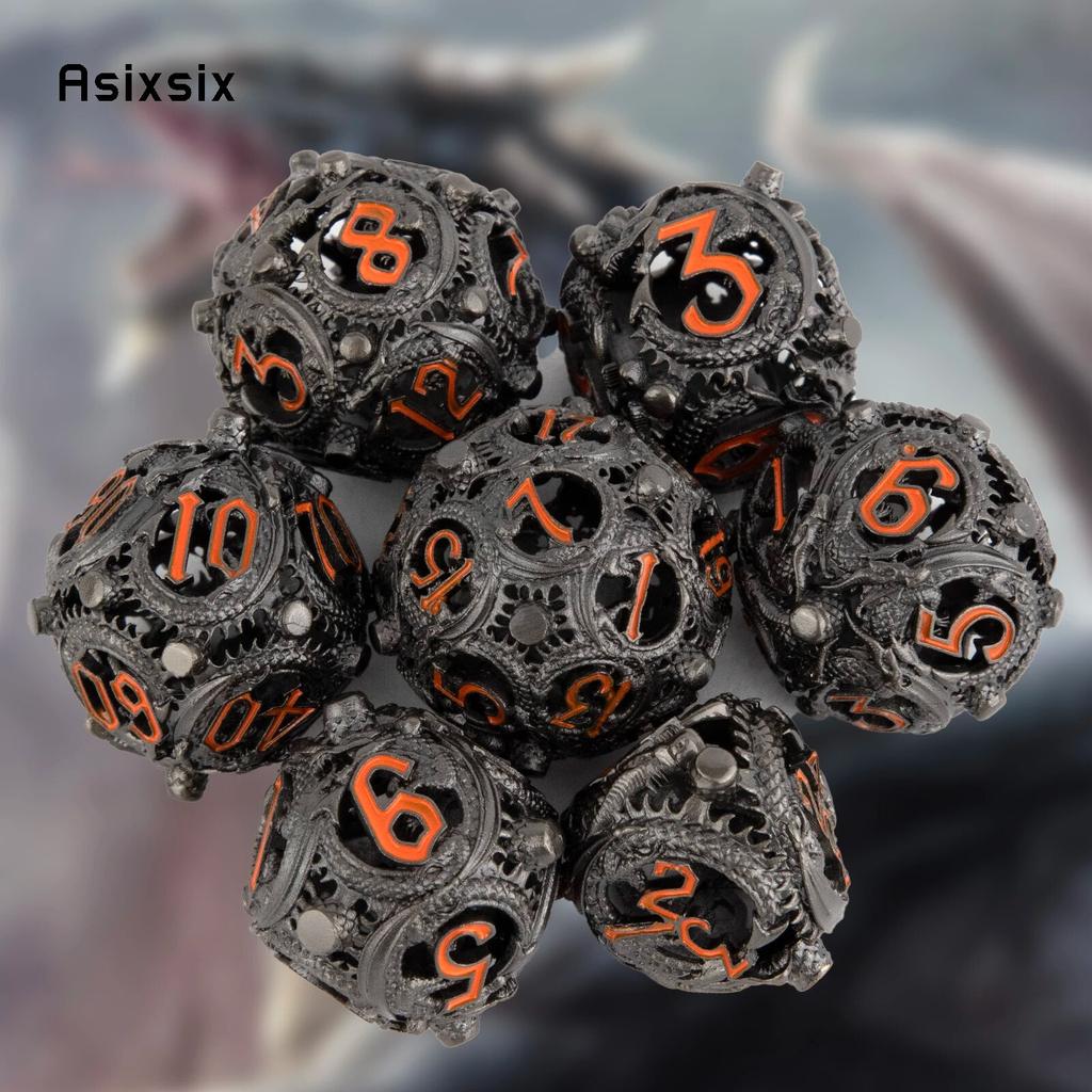 7 Pcs Black Orange Circular Dragon Metal Dice Hollow Metal Polyhedral Dice Suitable for Role-Playing RPG  Board Game Card Game