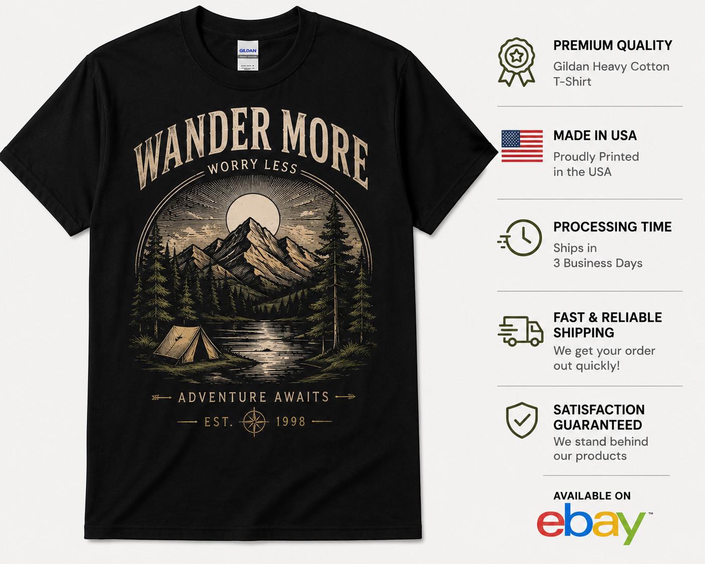Wander More Worry Less Mountain Graphic Adventure Outdoor Tee Unisex T-Shirt S
