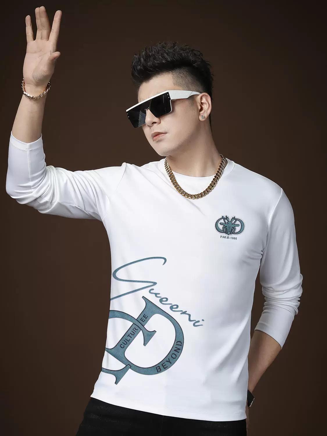 

European Goods 2025 Autumn New Letter Print Long-Sleeve T-Shirt Men s Trendy Slim-Fit Round-Neck Casual Top 3XL белый