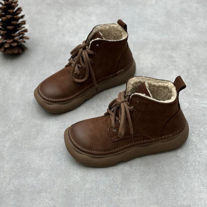 Johnature Retro Genuine Leather Short Boots Wide Toe Lace Up Cowhide Soft Sole Women's Boots