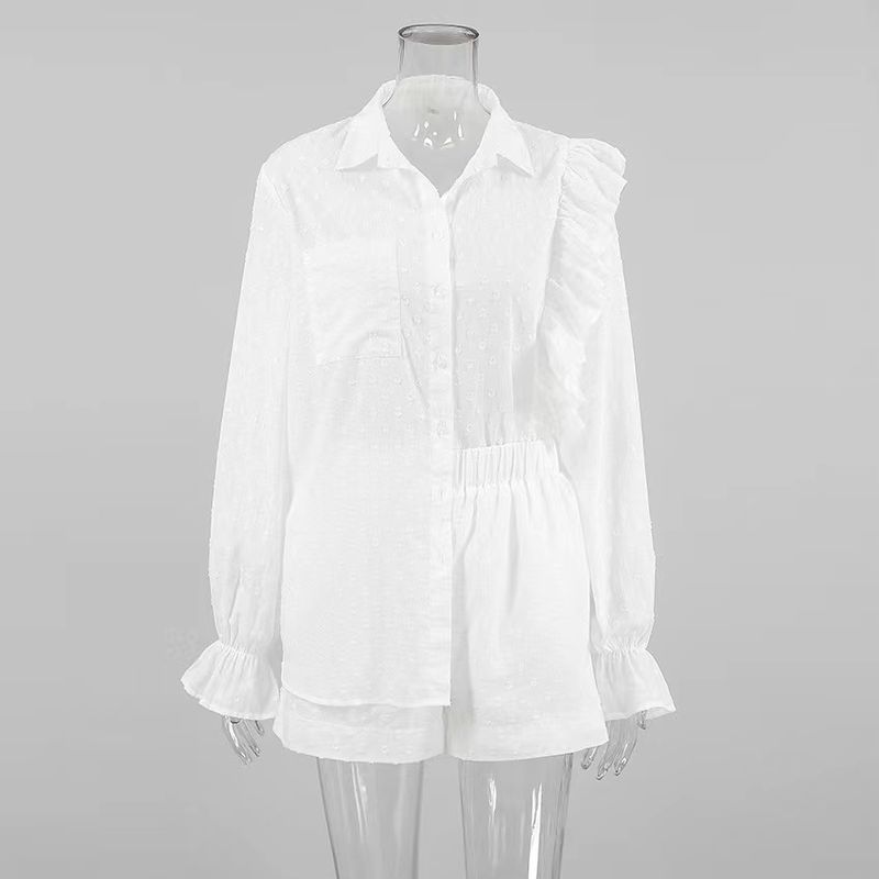 

Western Style Sexy Jacquard Bell Sleeve Casual Shirts Shorts Fashion Set Shirt and Shorts Set White L