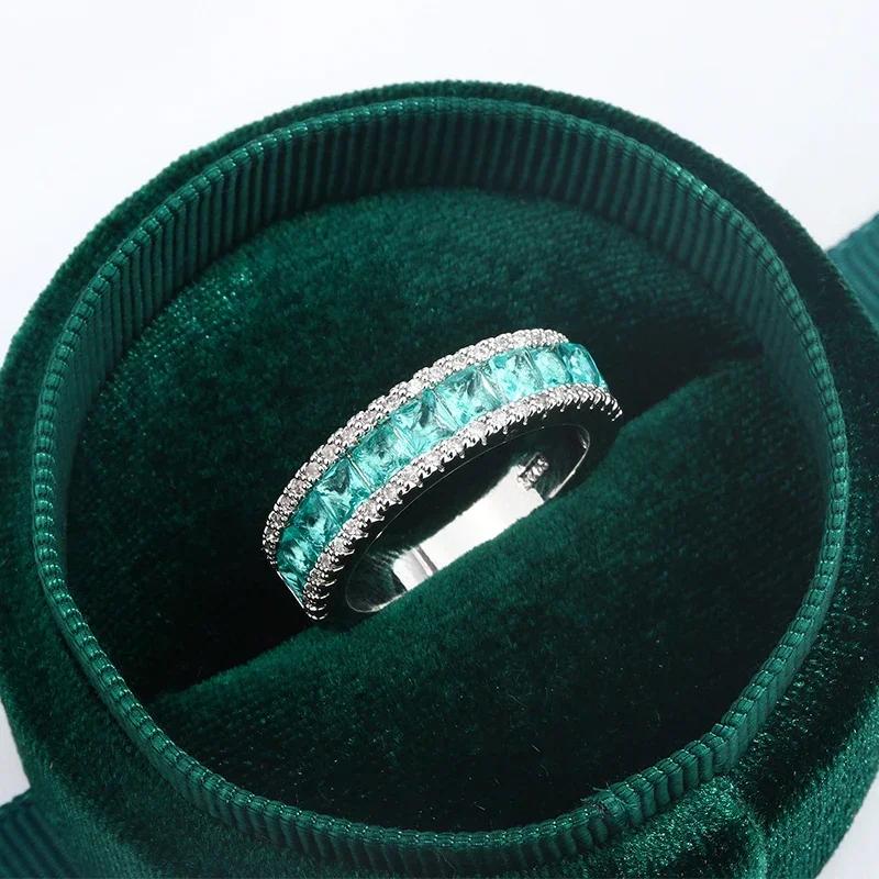 925 Silver Plated Women's Fashion Single Row Diamond Ring Geometric Square Green Zircon Ring Jewelry Anniversary Gift