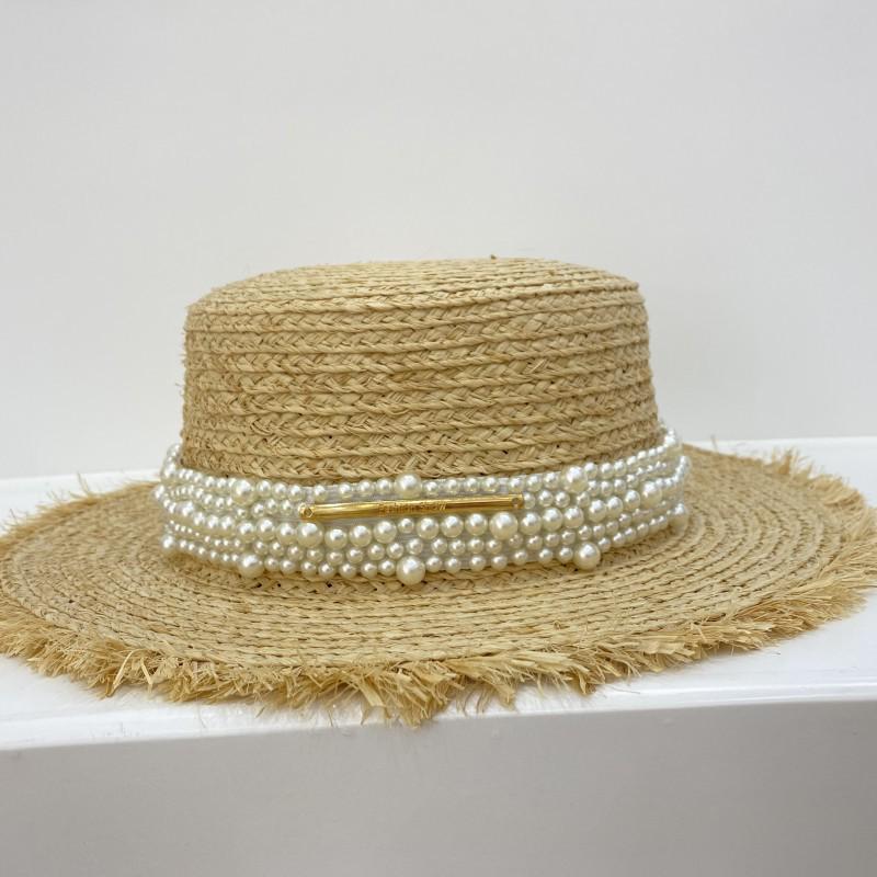 

Элегантная ретро шляпа от солнца из рафии ручной работы во французском стиле с жемчугом M (56-58cm) грязно-белый