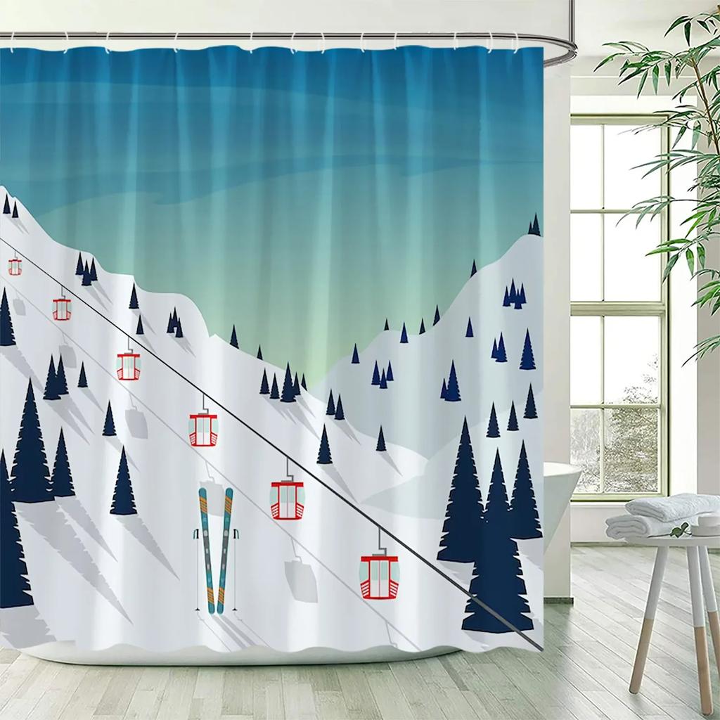 Set Cortină de Duș Schi de Iarnă, Cortine de Baie Moderne cu Stațiune de Schi, Munte Înzăpezit, Pădure de Pini, Albastru Decorațiuni de Crăciun pentru Baie
