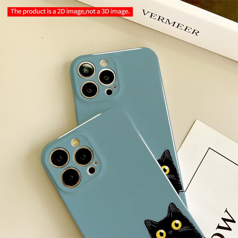 2DFlat Black Cat with Yellow Eyes on Teal Background All inclusive film hard iPhone case, compatible with iPhone 18 Pro Max 17 16 15 14 13 12 11