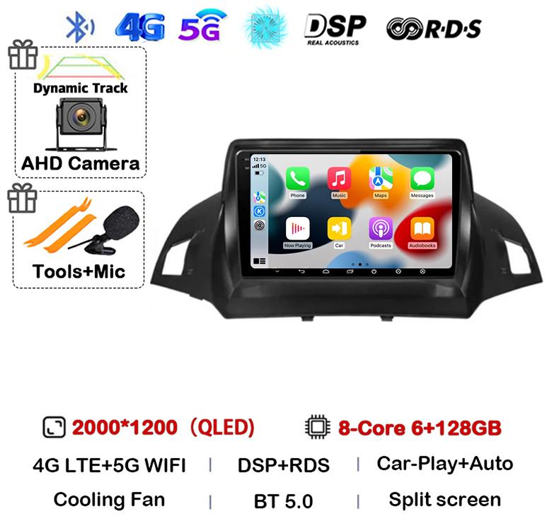 Radio multimedia con Android 14 y Carplay para Ford Kuga Escape 2013, 2014, 2015 y 2016, reproductor de vídeo, GPS, estéreo, 4G, WIFI, unidad principal