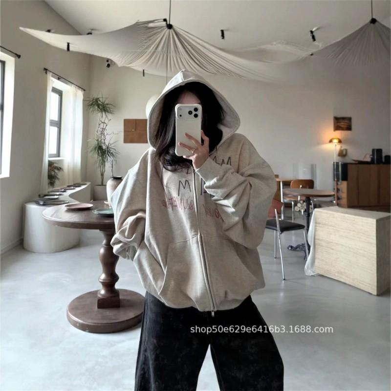 Matin Kim Womens Vintage Distressed Zip Hoodie Loose Fit Letter Print Streetwear Jacket Fall 2026