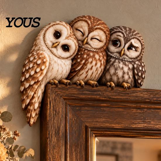 Rustic Farmhouse Bird Door Frame Accent Wooden Owl Topper, Corner Sitter Decor, Whimsical Woodland Animal Natural Inspired Interior Ornament